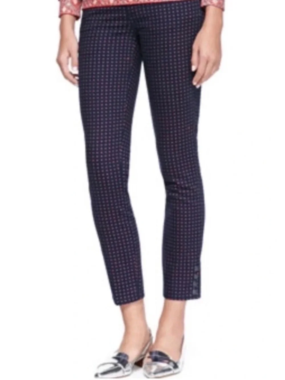 Tory Burch Navy Printed Skinny Ankle Pants Button Hem Women's Size 27
